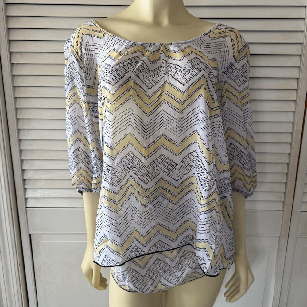 Women's HeartSoul Blouse Top XL White Yellow Chevron 3/4 Sleeve